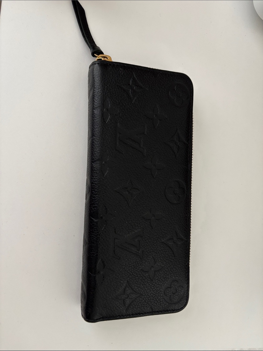Louis Vuitton Black Leather Zip Wallet with Gold Hardware